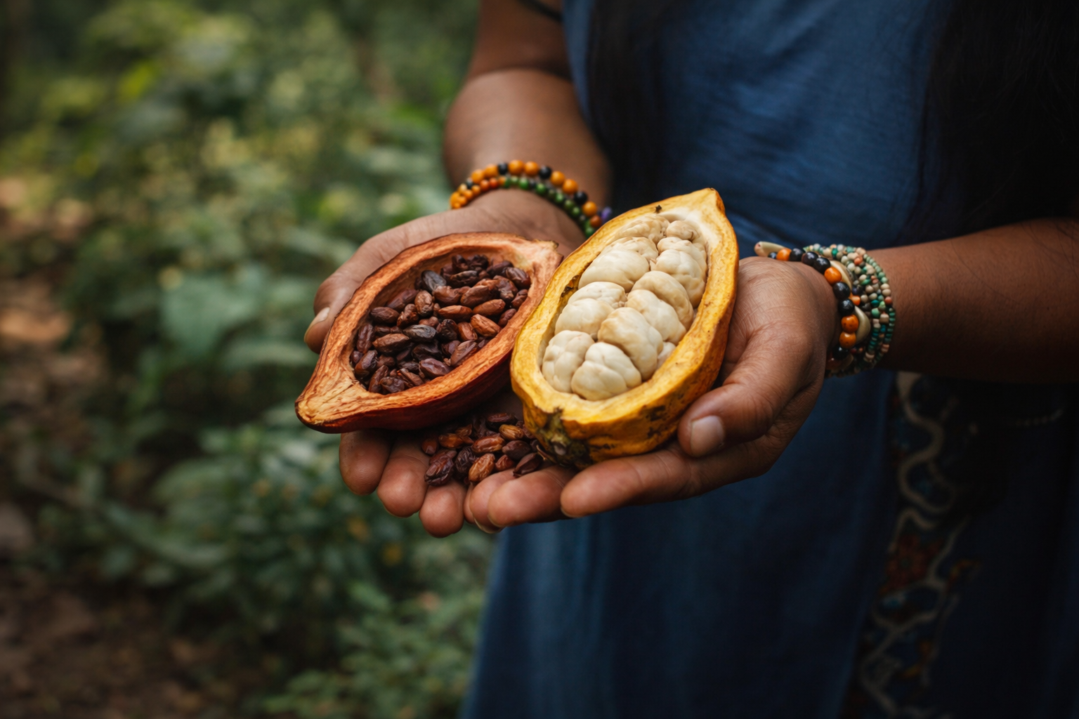 Manos femeninas sosteniendo cacao como símbolo de continuidad cultural en la tradición bribri