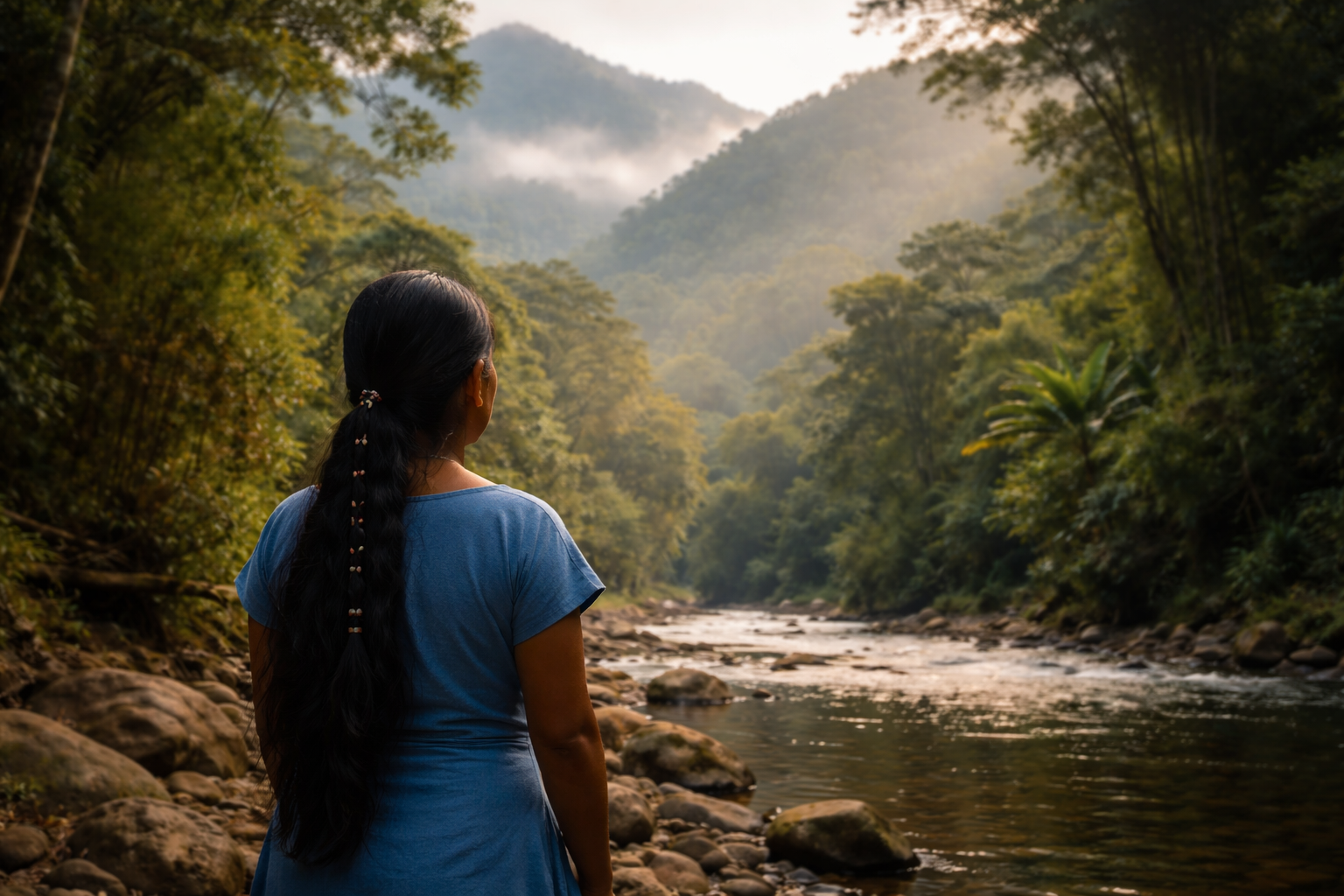 Mujer bribri en un paisaje natural de Talamanca como representación de identidad y continuidad cultural